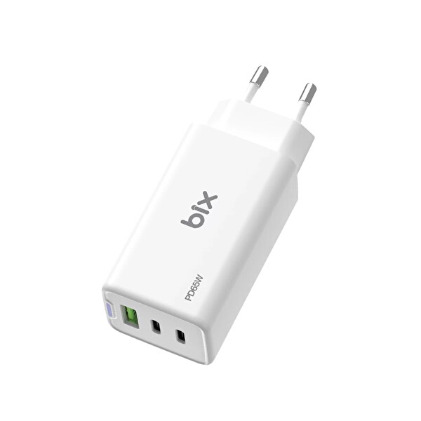 Bix BX3P66G 65W GaN 2 Type-C PD 3.0 Ve USB-A QC Üç Portlu Hızlı Şarj Adaptörü Laptop Telefon Uyumlu Beyaz
