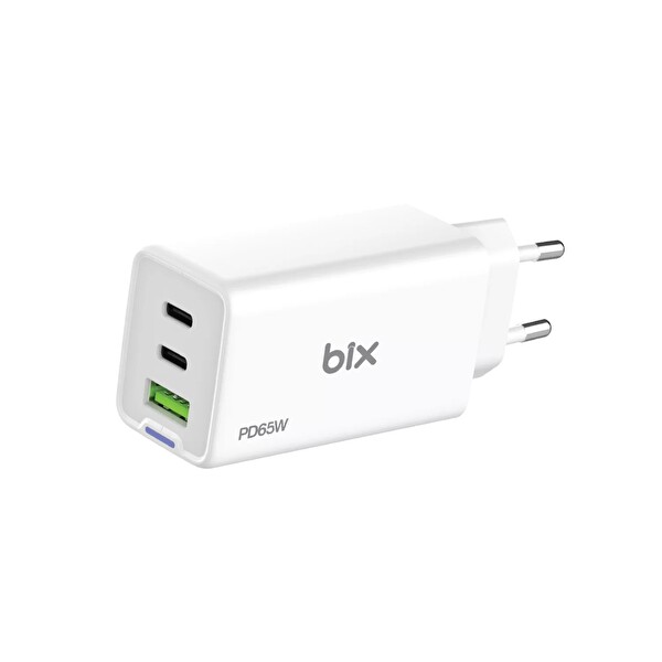Bix BX3P66G 65W GaN 2 Type-C PD 3.0 Ve USB-A QC Üç Portlu Hızlı Şarj Adaptörü Laptop Telefon Uyumlu Beyaz