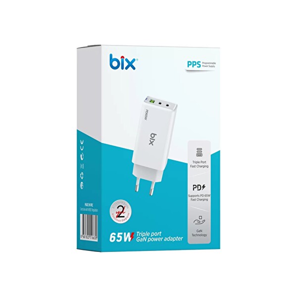 Bix BX3P66G 65W GaN 2 Type-C PD 3.0 Ve USB-A QC Üç Portlu Hızlı Şarj Adaptörü Laptop Telefon Uyumlu Beyaz