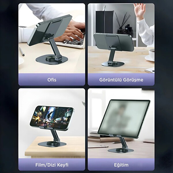 Bix TS01 Katlanabilir 360 Çok Açılı Yükseklik Ayarlı Metal Masaüstü Tablet iPad Ve Telefon Tutucu Stand - Gri