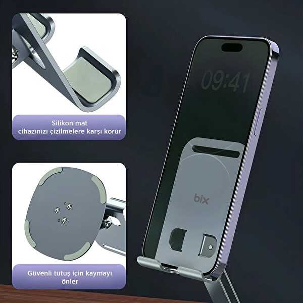 Bix TS01 Katlanabilir 360 Çok Açılı Yükseklik Ayarlı Metal Masaüstü Tablet iPad Ve Telefon Tutucu Stand - Gri