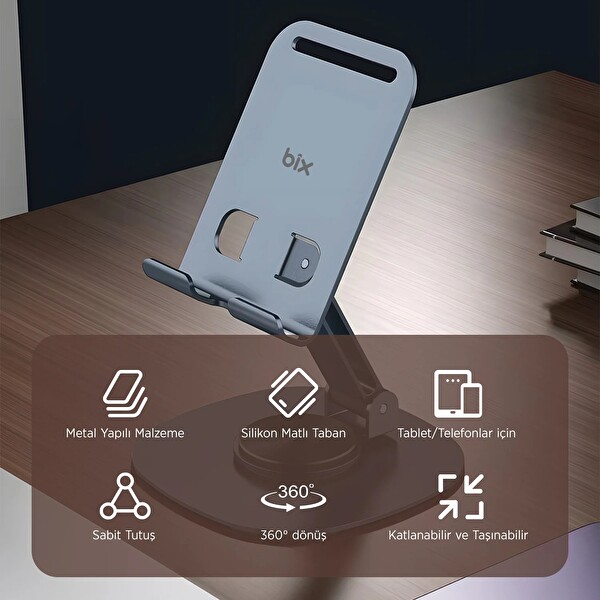 Bix TS01 Katlanabilir 360 Çok Açılı Yükseklik Ayarlı Metal Masaüstü Tablet iPad Ve Telefon Tutucu Stand - Gri