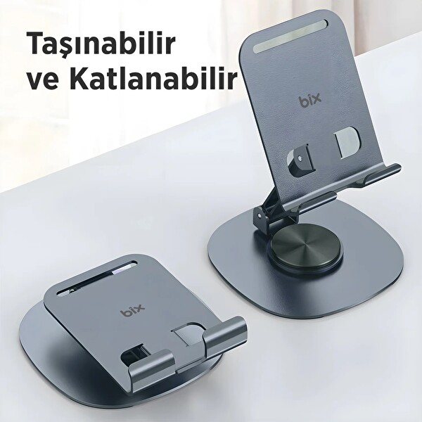 Bix TS01 Katlanabilir 360 Çok Açılı Yükseklik Ayarlı Metal Masaüstü Tablet iPad Ve Telefon Tutucu Stand - Gri