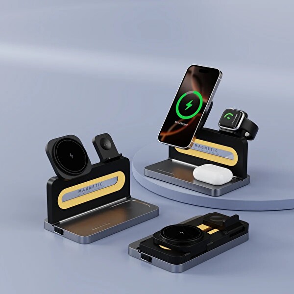 Bix TPS02 Telefon TWS Kulaklık Akıllı Saat iPhone AirPods Apple Watch Uyumlu 3’in 1 15 W Kablosuz Manyetik Şarj Standı