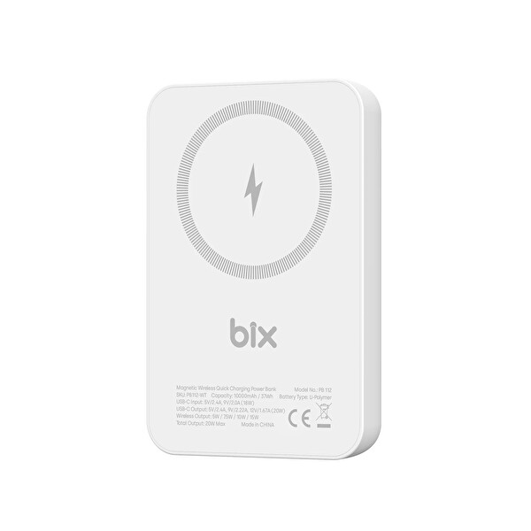 Bix PB112 10000 mAh 15W Manyetik Kablosuz Ve 20W USB-C Hızlı Şarj Destekli MagSafe Qi Uyumlu Mini Powerbank Beyaz