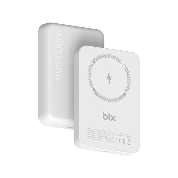 Bix PB112 10000 mAh 15W Manyetik Kablosuz Ve 20W USB-C Hızlı Şarj Destekli MagSafe Qi Uyumlu Mini Powerbank Beyaz