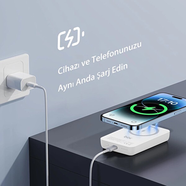 Bix PB112 10000 mAh 15W Manyetik Kablosuz Ve 20W USB-C Hızlı Şarj Destekli MagSafe Qi Uyumlu Mini Powerbank Beyaz