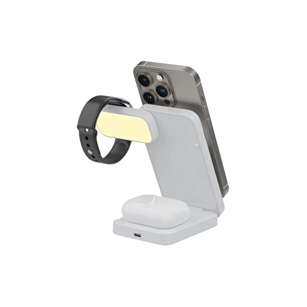 Bix TPS01 3’ü 1 15W Telefon TWS Kulaklık Akıllı Saat Gece Işıklı Çok Fonksiyonlu Kablosuz Şarj Cihazı Beyaz