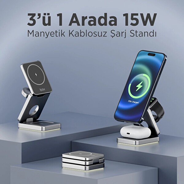 Bix BXMW7 3’ü 1 15W Katlanabilir Telefon TWS Kulaklık ve Akıllı Saat Uyumlu Kablosuz MagSafe Şarj Cihazı