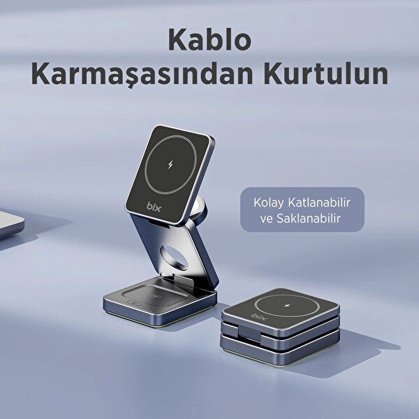 Bix BXMW7 3’ü 1 15W Katlanabilir Telefon TWS Kulaklık ve Akıllı Saat Uyumlu Kablosuz MagSafe Şarj Cihazı