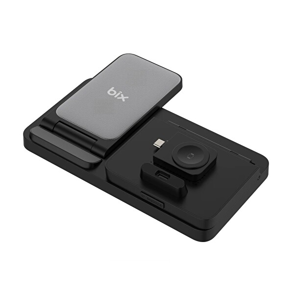 Bix BXMW4 15W Kablosuz Şarj Standı iPhone AirPods Akıllı Saat TWS Kulaklık Uyumlu Alarmlı Çoklu Şarj Cihazı Siyah