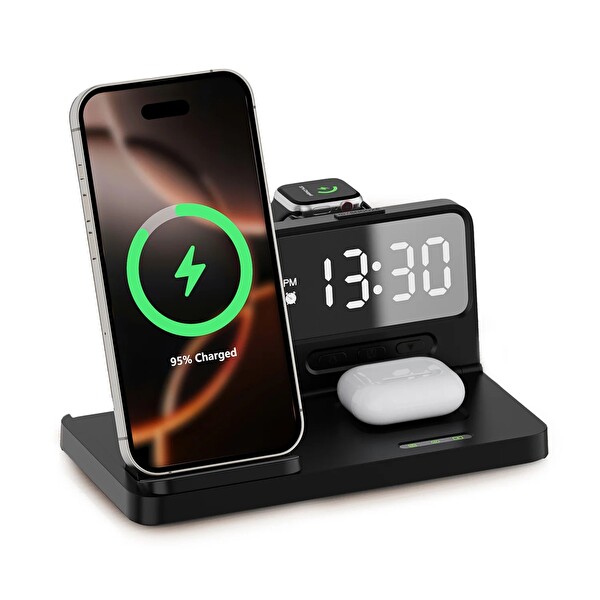 Bix BXMW4 15W Kablosuz Şarj Standı iPhone AirPods Akıllı Saat TWS Kulaklık Uyumlu Alarmlı Çoklu Şarj Cihazı Siyah
