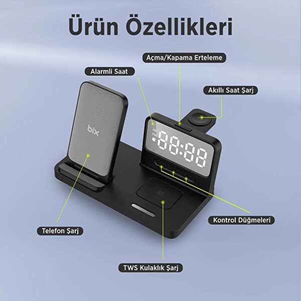 Bix BXMW4 15W Kablosuz Şarj Standı iPhone AirPods Akıllı Saat TWS Kulaklık Uyumlu Alarmlı Çoklu Şarj Cihazı Siyah
