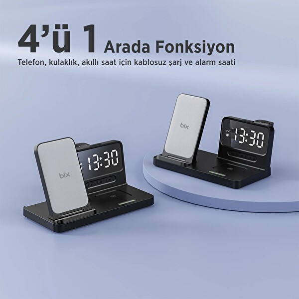 Bix BXMW4 15W Kablosuz Şarj Standı iPhone AirPods Akıllı Saat TWS Kulaklık Uyumlu Alarmlı Çoklu Şarj Cihazı Siyah
