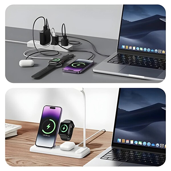 Bix BXMW8 3’ü 1 15W Kablosuz MagSafe Şarj Standı Telefon TWS Kulaklık Akıllı Saat iPhone AirPods Apple Watch Uyumlu LED Lambalı