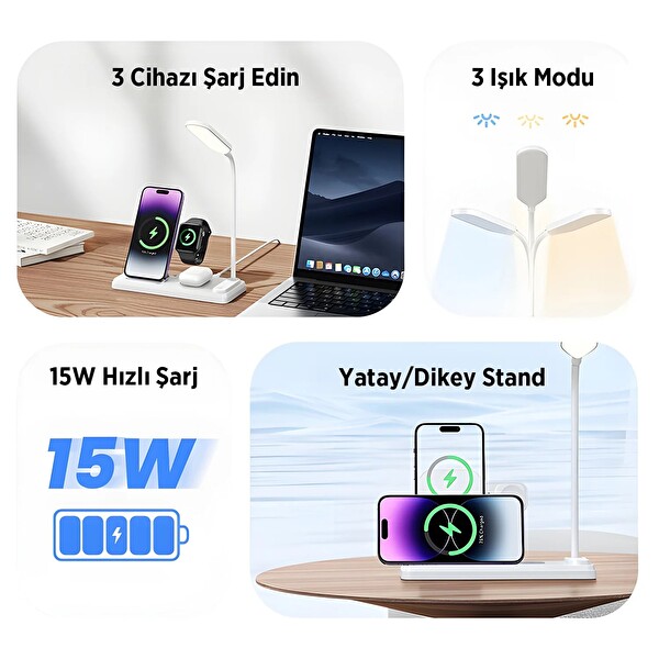 Bix BXMW8 3’ü 1 15W Kablosuz MagSafe Şarj Standı Telefon TWS Kulaklık Akıllı Saat iPhone AirPods Apple Watch Uyumlu LED Lambalı