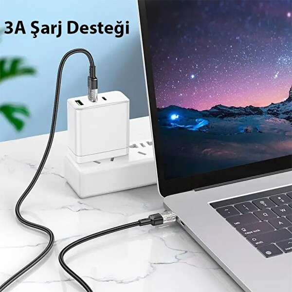 Hoco U129 Transparan 60W Type-C to Type-C Data ve Şarj Kablosu 1 M Siyah