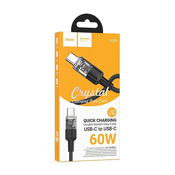 Hoco U129 Transparan 60W Type-C to Type-C Data ve Şarj Kablosu 1 M Siyah