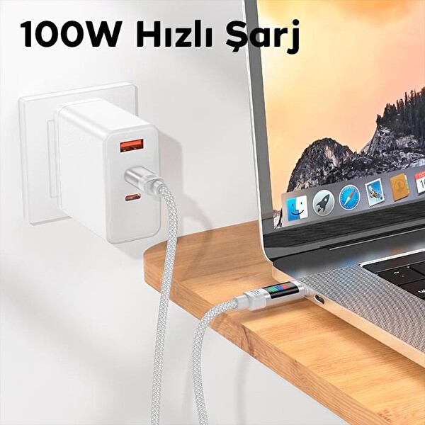 Hoco U126 Lantern 100W Type-C to Type-C Hızlı Data ve Şarj Kablosu Gri