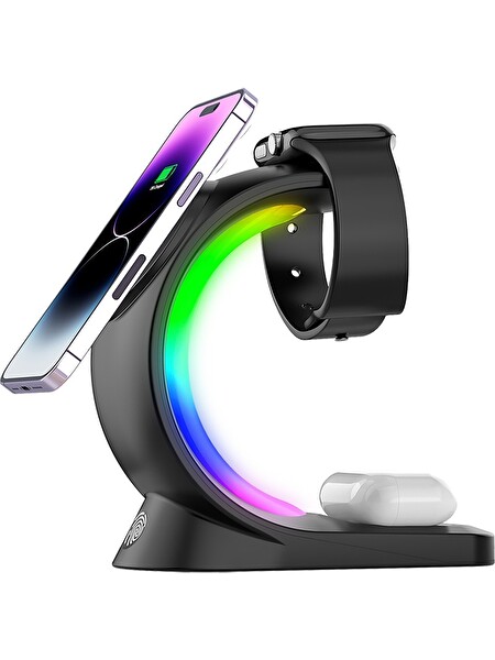 S-Link SL-CW20 Telefon Saat Ve Kulaklık Uyumlu 15W RGB Kablosuz Şarj Aleti - Siyah