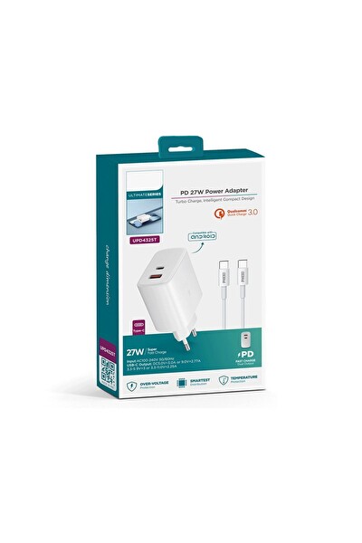 Zuidid UPD4325T 27W USB - Type-C 2 Portlu Hızlı Şarj Aleti Adaptörü - Beyaz