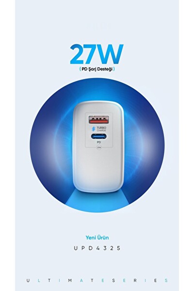 Zuidid UPD4325T 27W USB - Type-C 2 Portlu Hızlı Şarj Aleti Adaptörü - Beyaz