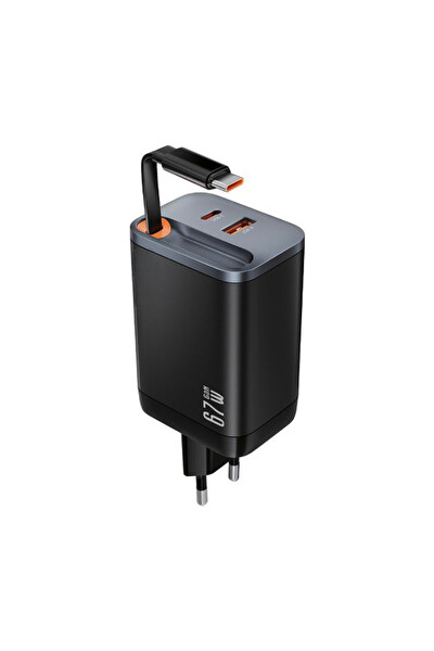 Zuidid Dahili Type-C Kablo - USB-A + Type-C Çıkışı 67W GaN Hızlı Şarj Adaptörü