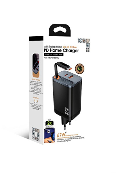 Zuidid Dahili Type-C Kablo - USB-A + Type-C Çıkışı 67W GaN Hızlı Şarj Adaptörü