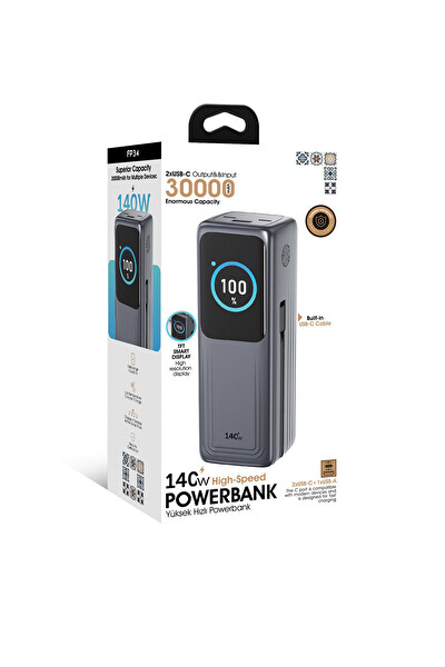 Zuidid FP34 2xUSB-C - Dahili Kablo 140W 30.000mAh Akıllı Ekran Hızlı Şarj Powerbank