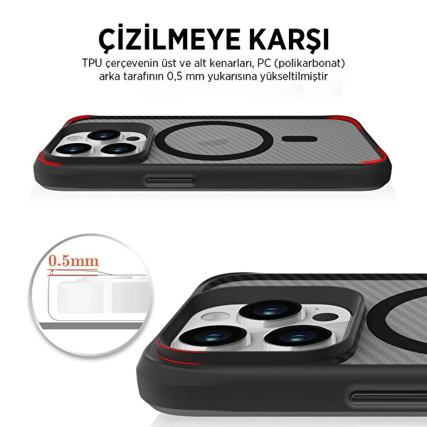 Bix iPhone 16 Uyumlu Carbon Force MagSafe Anti-Şok Teknolojili Kamera Ve Ekran Korumalı Telefon Kılıfı
