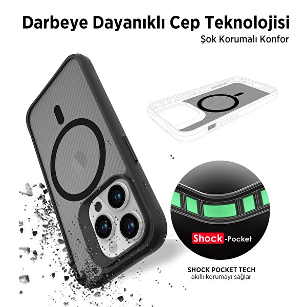 Bix iPhone 16 Uyumlu Carbon Force MagSafe Anti-Şok Teknolojili Kamera Ve Ekran Korumalı Telefon Kılıfı