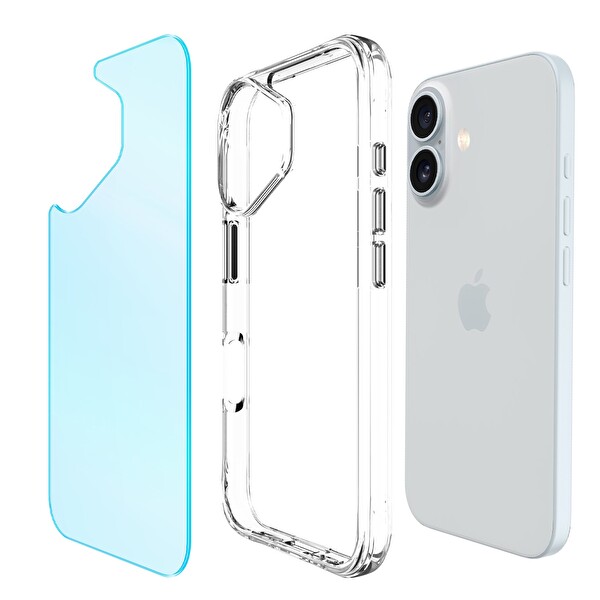 Bix iPhone 16 Plus Uyumlu Şeffaf Çizilmeye Dayanıklı Rainbow Geçişli Mavi Telefon Kılıfı