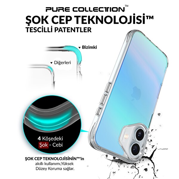 Bix iPhone 16 Plus Uyumlu Şeffaf Çizilmeye Dayanıklı Rainbow Geçişli Mavi Telefon Kılıfı