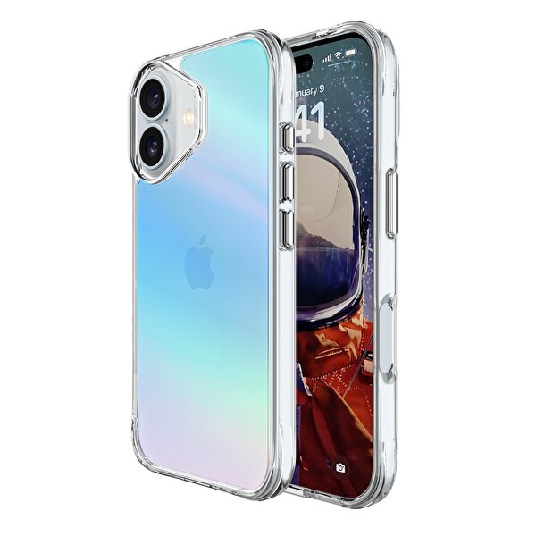 Bix iPhone 16 Plus Uyumlu Şeffaf Çizilmeye Dayanıklı Rainbow Geçişli Mavi Telefon Kılıfı