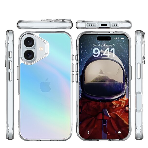 Bix iPhone 16 Plus Uyumlu Şeffaf Çizilmeye Dayanıklı Rainbow Geçişli Mavi Telefon Kılıfı