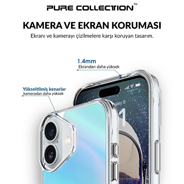 Bix iPhone 16 Plus Uyumlu Şeffaf Çizilmeye Dayanıklı Rainbow Geçişli Mavi Telefon Kılıfı