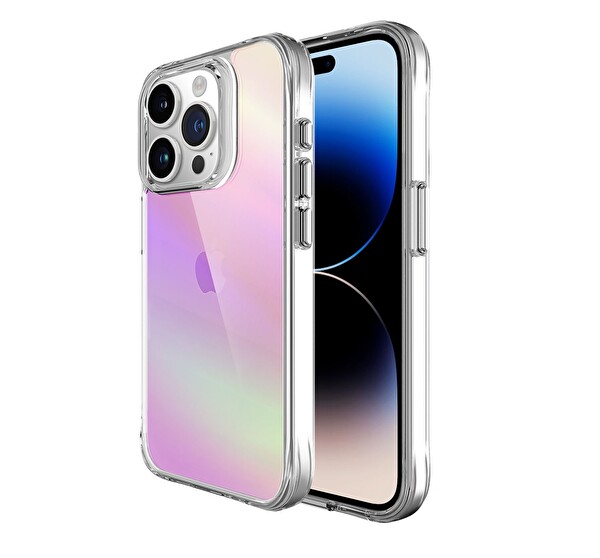 Bix iPhone 15 Pro Max Uyumlu Çizilmeye Dayanıklı Rainbow Geçişli Şeffaf Pembe Telefon Kılıfı