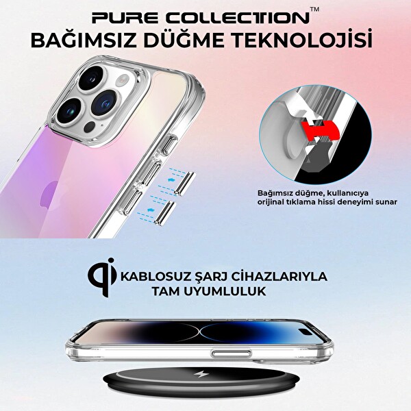 Bix iPhone 15 Pro Max Uyumlu Çizilmeye Dayanıklı Rainbow Geçişli Şeffaf Pembe Telefon Kılıfı