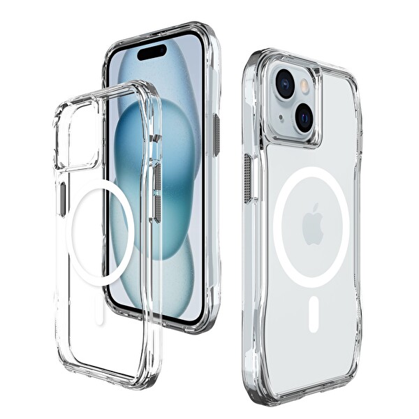 Bix iPhone 13-14-15 Uyumlu MagSafe Maksimum Korumalı Antrasit Kristal Şeffaf Telefon Kılıfı