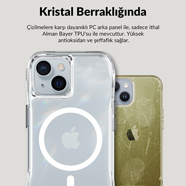 Bix iPhone 13-14-15 Uyumlu MagSafe Maksimum Korumalı Antrasit Kristal Şeffaf Telefon Kılıfı