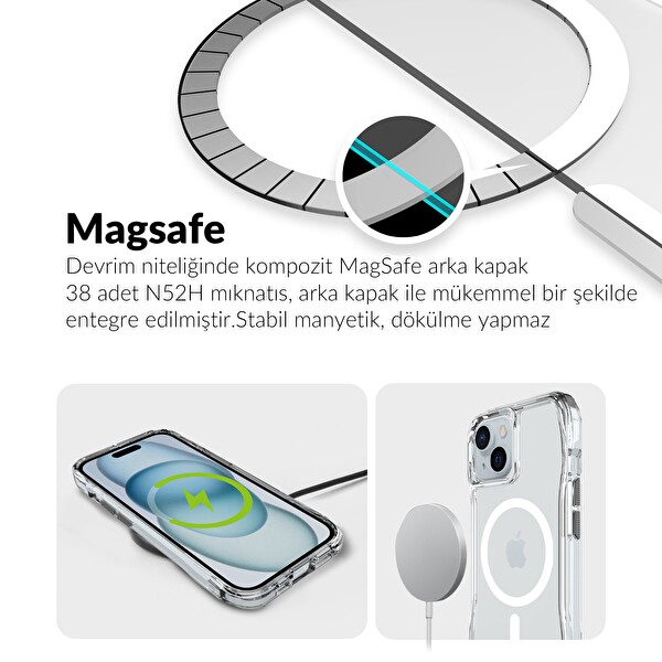 Bix iPhone 13-14-15 Uyumlu MagSafe Maksimum Korumalı Antrasit Kristal Şeffaf Telefon Kılıfı