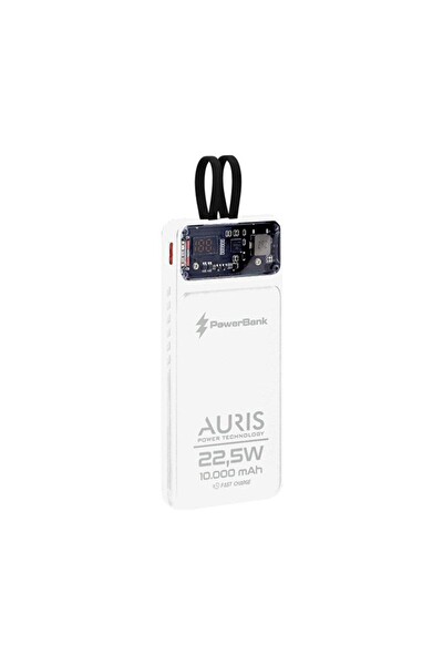 Auris DX159 - 10000 mAh 22.5W Type-C Ve Lightning Kablolu Hızlı Şarj Özellikli Taşınabilir Şarj Aleti-Beyaz