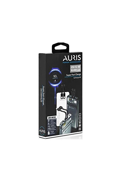 Auris DX159 - 10000 mAh 22.5W Type-C Ve Lightning Kablolu Hızlı Şarj Özellikli Taşınabilir Şarj Aleti-Beyaz