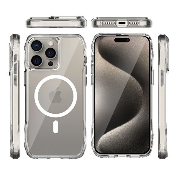 Bix iPhone 15 Pro Max Octagon Hava Yastıklı MagSafe Kılıf Maksimum Korumalı Antrasit Kristal Şeffaf