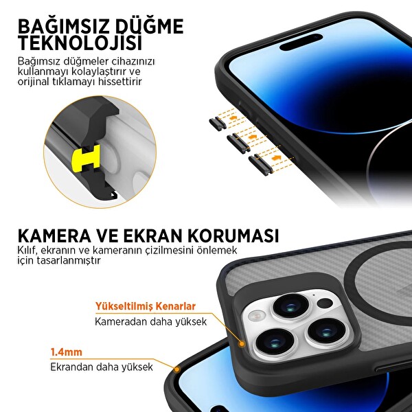 Bix iPhone 13 Pro Max Uyumlu Carbon MagSafe Anti-Şok Teknolojili Kamera Ve Ekran Korumalı Telefon Kılıfı