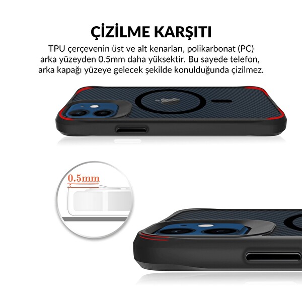 Bix iPhone 12 - 12 Pro Uyumlu Carbon Force MagSafe Anti-Şok Teknolojili Kamera Ve Ekran Korumalı Telefon Kılıfı