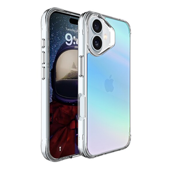 Bix iPhone 16 Uyumlu Çizilmeye Dayanıklı Rainbow Geçişli Şeffaf Mavi Telefon Kılıfı