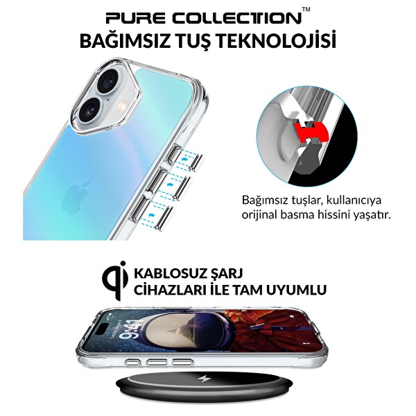 Bix iPhone 16 Uyumlu Çizilmeye Dayanıklı Rainbow Geçişli Şeffaf Mavi Telefon Kılıfı
