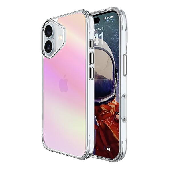 Bix iPhone 16 Uyumlu Çizilmeye Dayanıklı Rainbow Geçişli Şeffaf Pembe Telefon Kılıfı