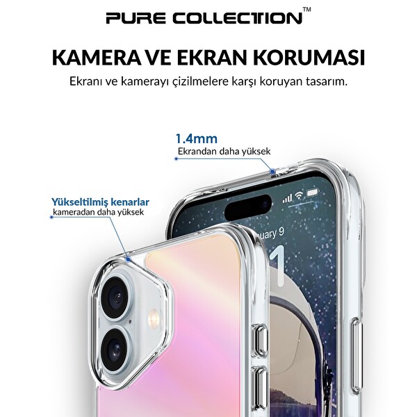 Bix iPhone 16 Uyumlu Çizilmeye Dayanıklı Rainbow Geçişli Şeffaf Pembe Telefon Kılıfı